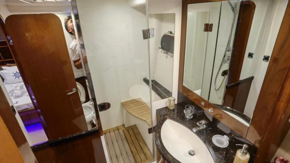 Bathroom with large mirrors on a motor yacht